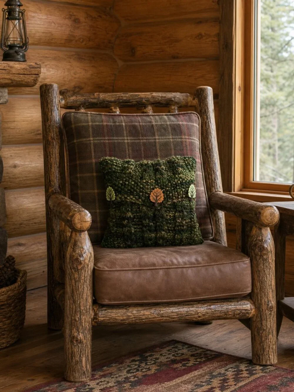 Hand Crafted Knit Cable Throw Pillow Tree Buttons Camo Cabin Sofa Couch